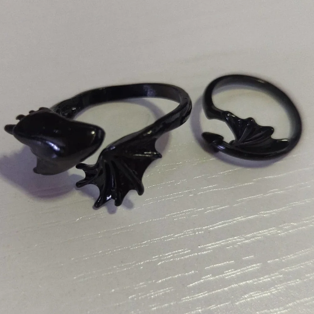 Dragon Rings Sizes 6‎ & 10 Black Shiny Lot of 2 Open Unisex Gothic Mystical